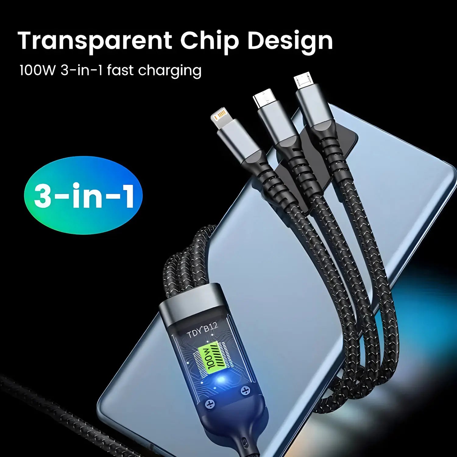 Câble de charge rapide 3-en-1 100 W noir tressé, en nylon, présentant une conception de puce transparente et des connecteurs argentés.