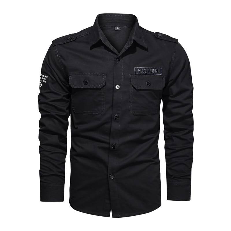 Black men cotton casual long sleeve military cargo shirt with button-up front, two chest pockets, shoulder epaulets, and a fashion patch on the left breast.