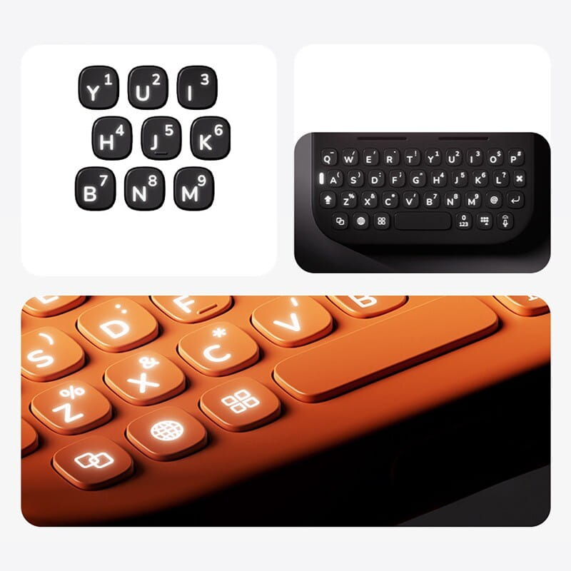 Orangefarbene Silikon-Handyhülle mit physischer Tastatur für iPhone Pro Max mit beleuchteten Tasten und rechteckig abgerundetem Design.