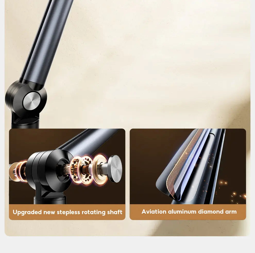 Black adjustable desk lamp with sleek aviation aluminum diamond arm and upgraded stepless rotating shaft for aluminum alloy tablet and phone floor stand.