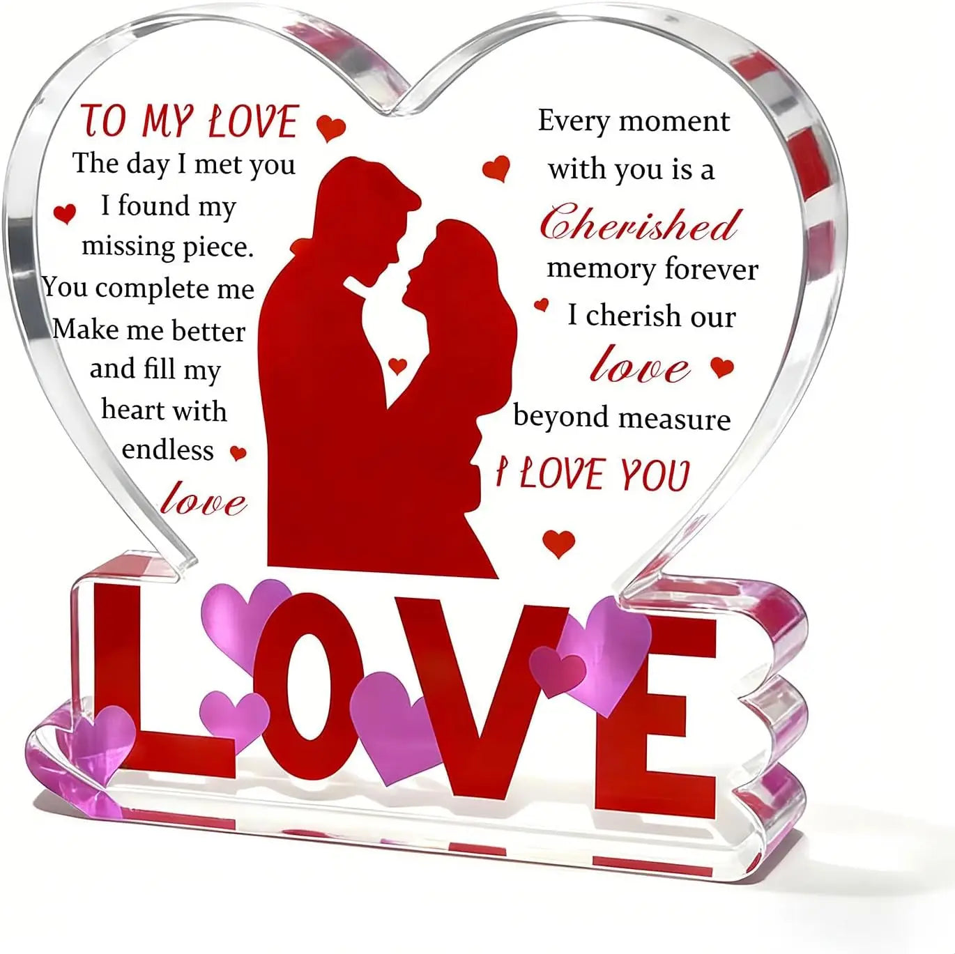 Clear acrylic heart keepsake romantic Valentine gift featuring a heart-shaped love plaque with a red silhouette of a couple, engraved romantic text, and bold red love letters at the base adorned with purple hearts.