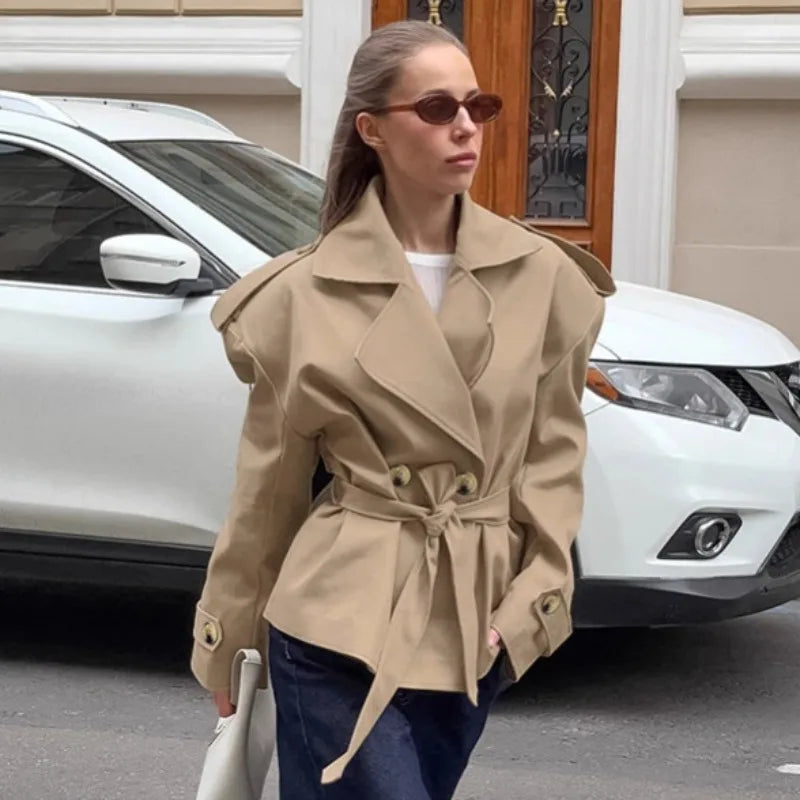 2026 Women Fall Lace-up Cropped Trench Coat Fashion Lapel Long Sleeves Wide Shoulder Windbreaker Jacket Commuting Daily Jackets