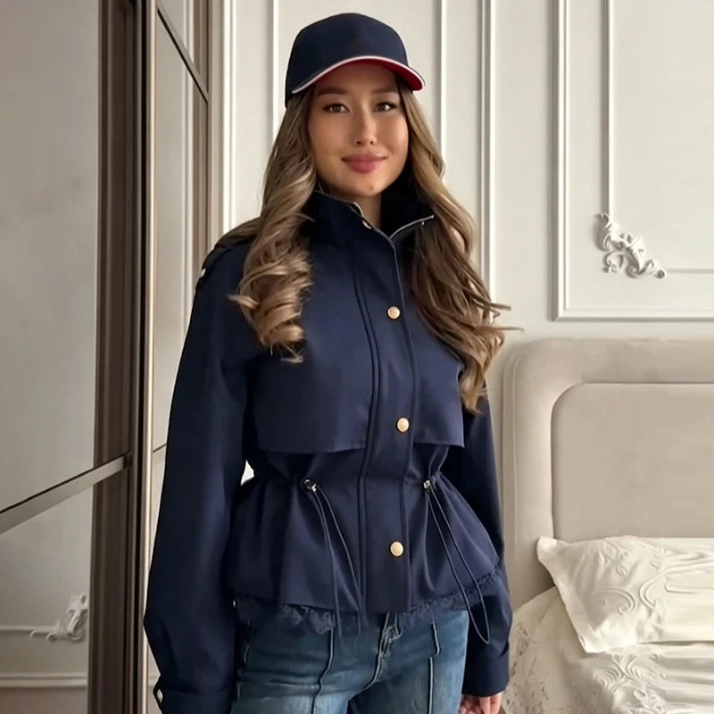 Women Lace Hem Cropped Trench Jacket Stand Collar Epaulet Button Closure Drawstring Waist Side Windbreaker Coat Ladies Outerwear