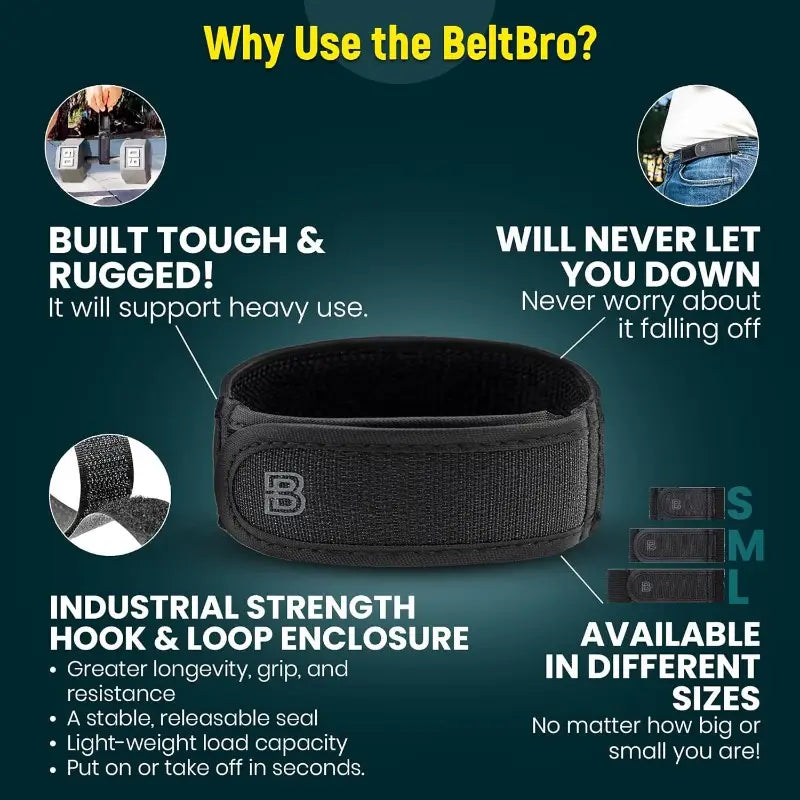 Ceinture de soutien pour la taille Beltbro en noir, avec un crochet et une boucle texturés de qualité industrielle, conçue comme une ceinture élastique sans boucle réglable pour homme à porter à la taille.