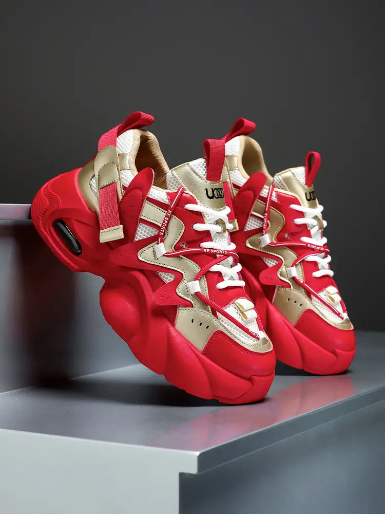 Men chunky air cushion casual sneakers in vibrant red and beige featuring a bold sculpted design and white laces.