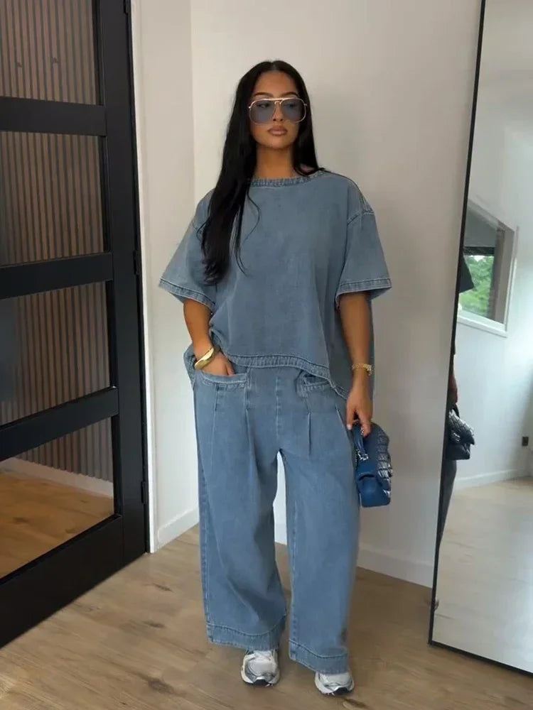 Casual Denim Blouse Trousers Suit Women Blue Half Sleeve O-Neck Top Pleated Tops Wide Leg Pants Set Female Autumn Chic Lady Sets