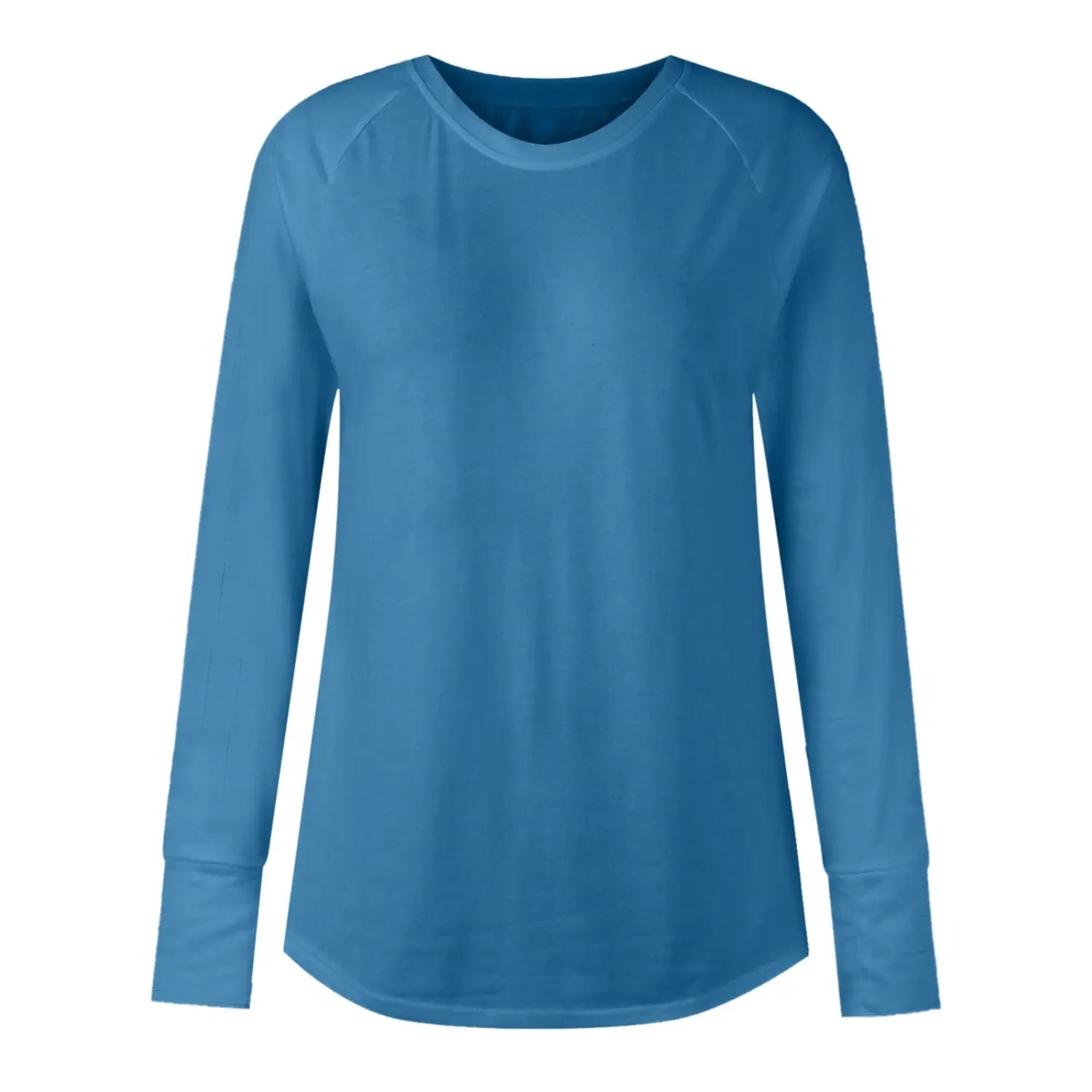 A solid blue women long sleeve cotton tunic top features a round neck and raglan sleeve length pattern type.
