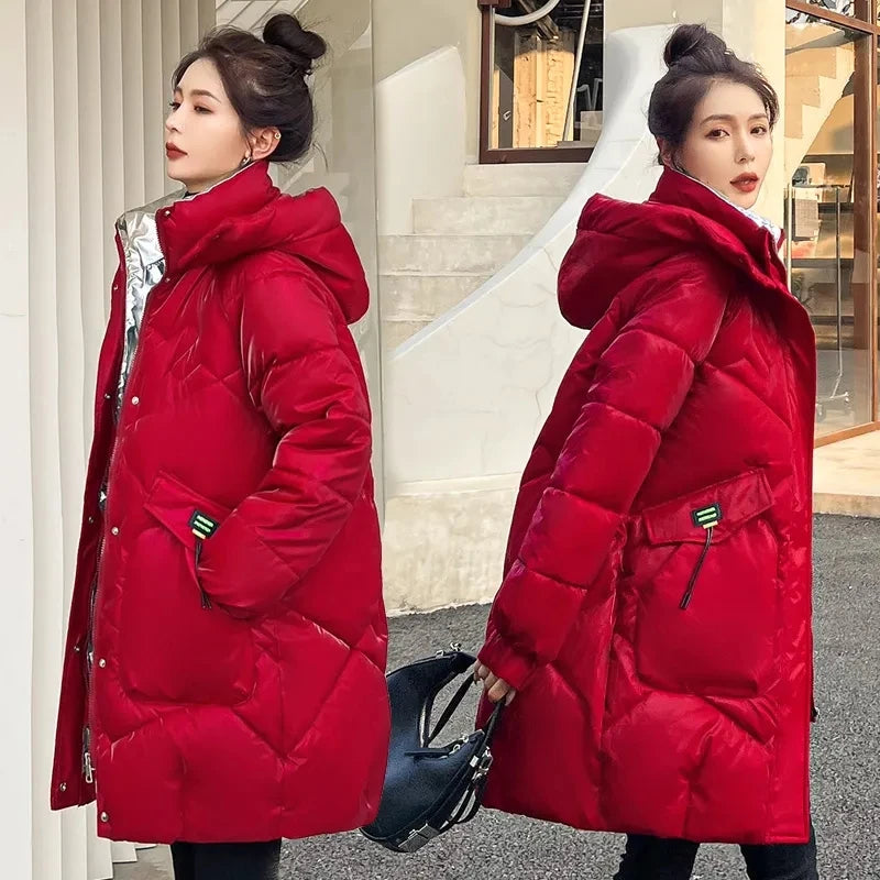 2026 Fashion New Bright Fabric Thick Warm Winter Jackets Women's Cotton Padded Coats Mid-Length Women Parkas Female Outerwear