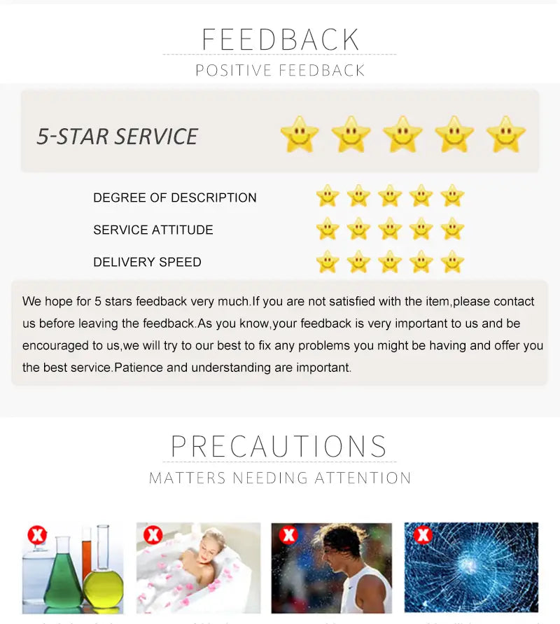 Five-star service feedback section with smiling star icons and a list of precautions illustrated by crossed-out images for the custom eye photo engraved stainless steel keychain.