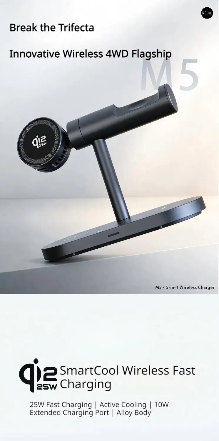 Chargeur sans fil noir qia2 m5 avec boîtier élégant en alliage et coussinet de charge circulaire, conçu pour une charge rapide dans la station de charge sans fil rapide 25 W 7-en-1.