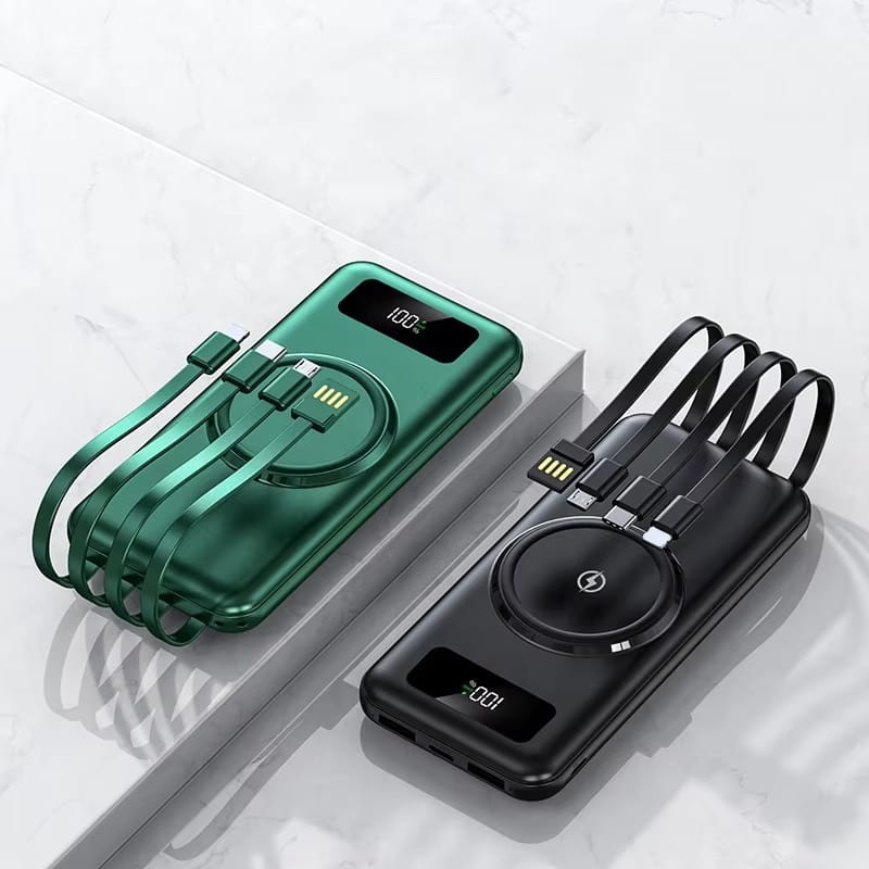 Chargeurs portables verts et noirs avec batterie Li-polymère, câbles micro USB intégrés, écrans numériques et capacité de charge rapide pour une charge sans fil rapide.