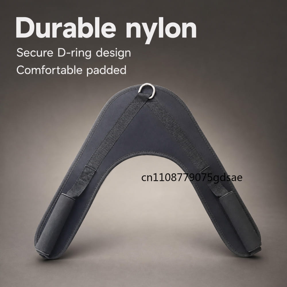 dark gray padded nylon dog harness with secure d-ring design shown from the back side for abdominal crunch straps used in gym cable machines