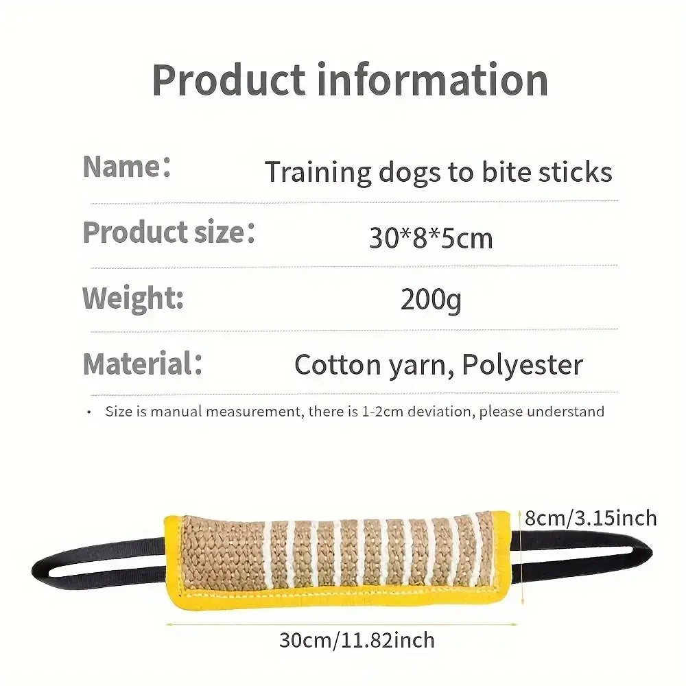 Jouet à mâcher durable en jute pour chien doté d’un bâton de morsure rayé jaune et beige avec poignées noires, présenté de face.