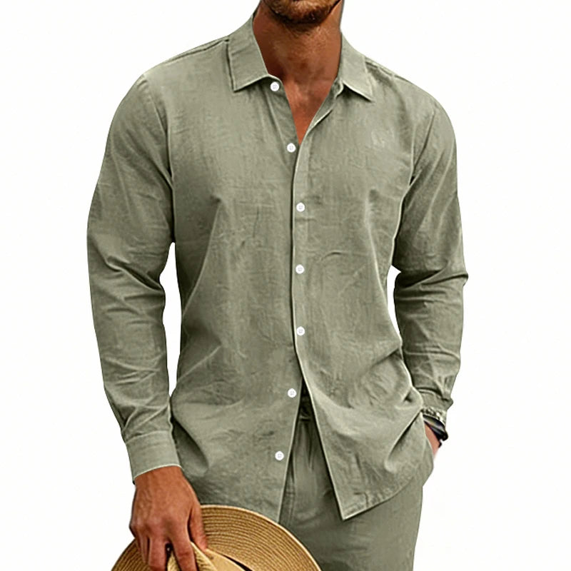 Men beige linen long sleeve casual shirt featuring olive green subtle textured fabric and white buttons.