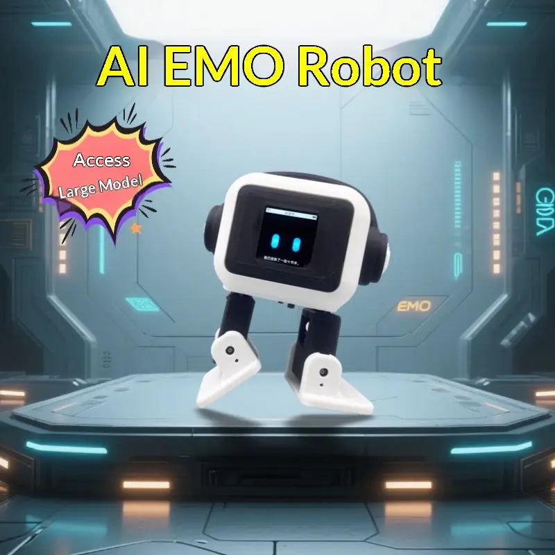 Ai smart companion robot toy featuring a white and black square-headed design with glowing blue eyes on its screen standing upright on articulated legs.