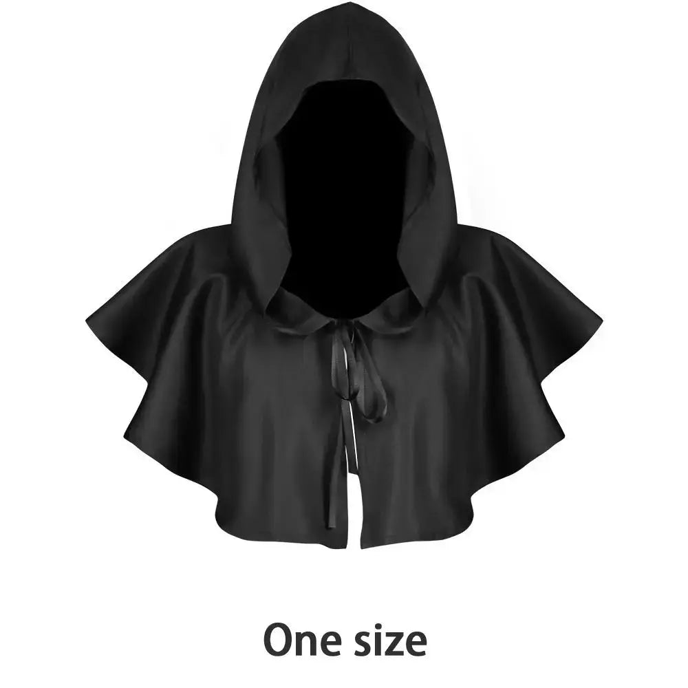 Schwarzes Satin-Kapuzen-Mittelalter-Todesschleier-Kostüm mit einer vorne gebundenen Schleife