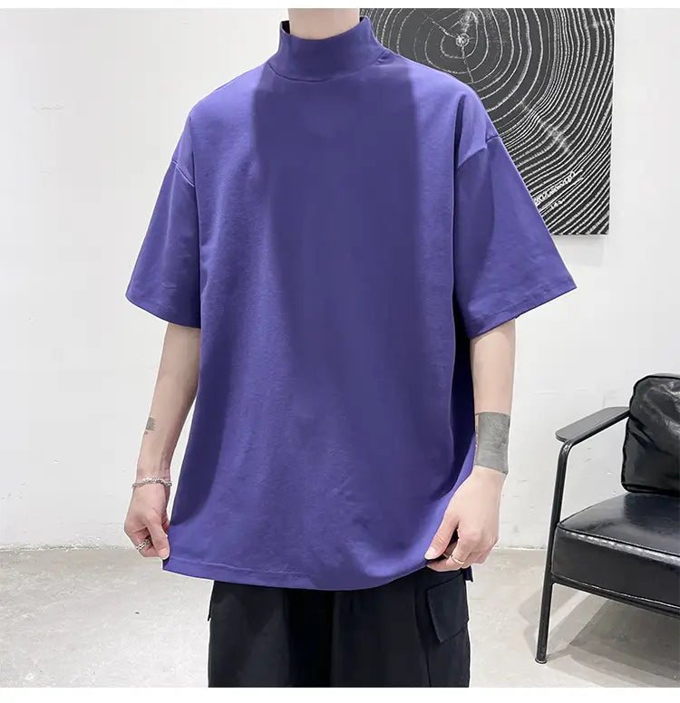 Purple oversized turtleneck short-sleeve t-shirt for men featuring a relaxed fit suitable for casual streetwear.