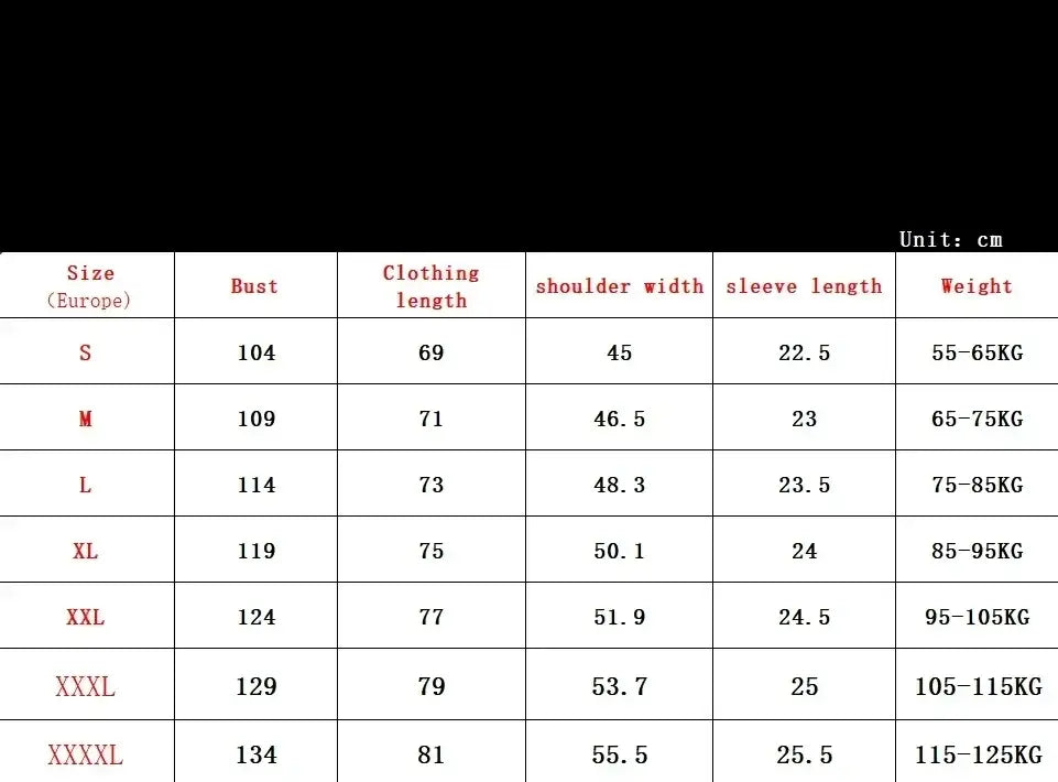 Size chart for a women’s garment displaying measurements in centimeters from size s to xxxxl for the men’s knit polo and shorts set.