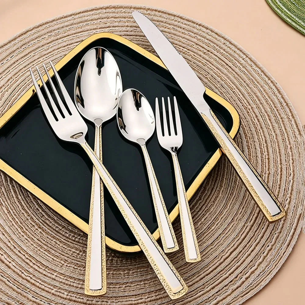 4Pcs Stainless Steel Cutlery Set Knife Fork Spoon Dinnerware Set Embossed handle Dinner Tableware Kitchen Home Flatware