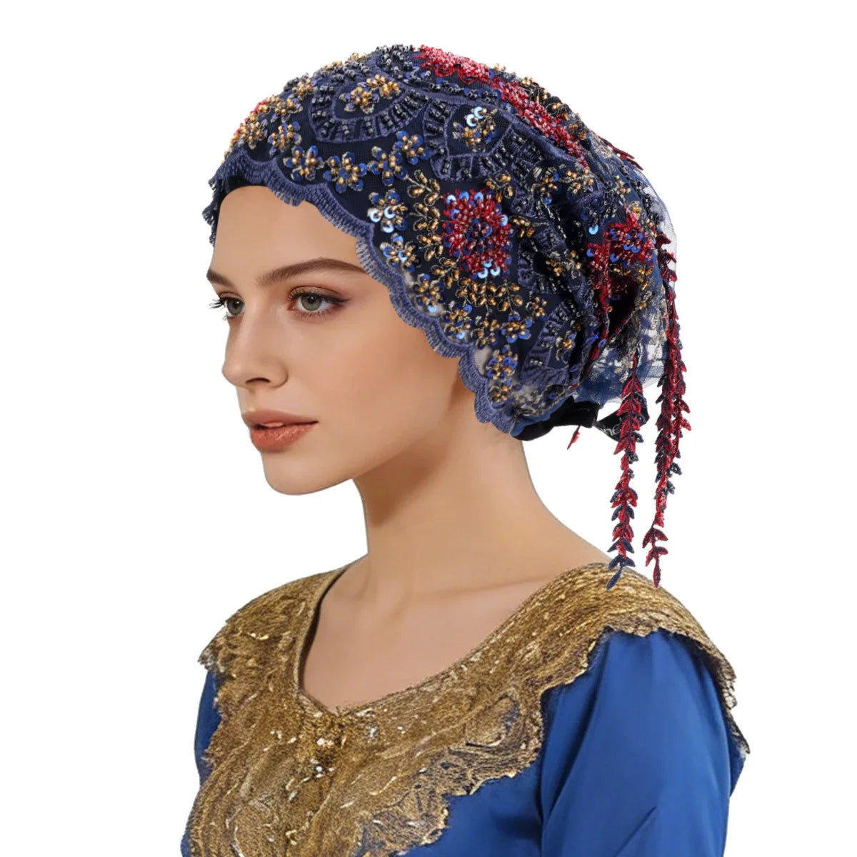 New Ethnic Tassel Headscarf Beaded Embroidery Turban Luxury Tassel Bonnet Women Muslim Hijab Lace Wedding Party Headwear Beanies