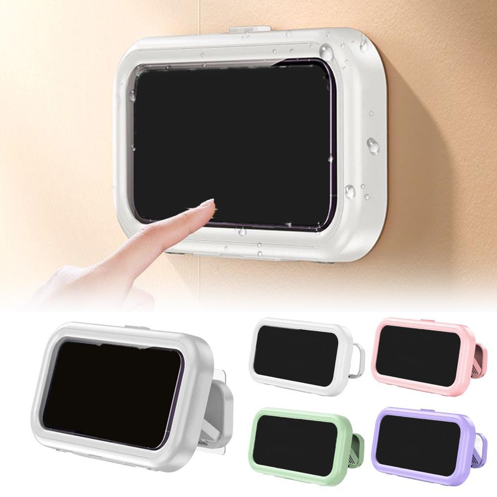 white rectangular wall-mounted waterproof case phone holder with black screen and rounded corners featuring a clip-on design for secure attachment and 360 degree rotation in a shower environment