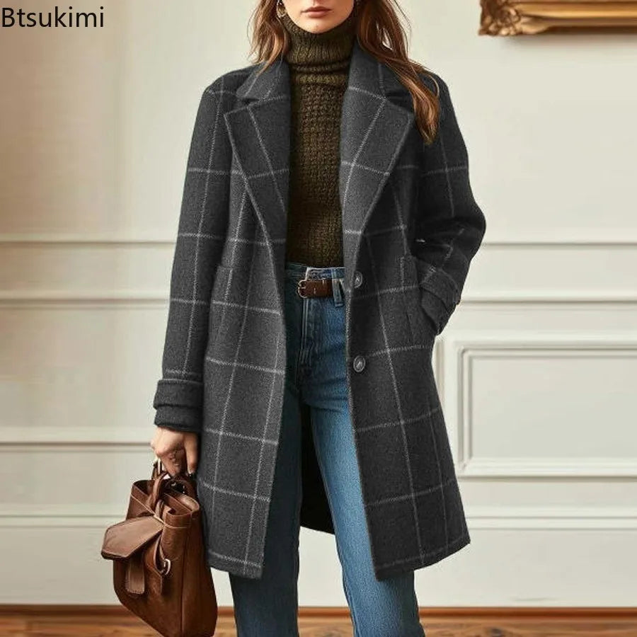 Winter Women's Wool Mid Length Coats Jackets Blends Plaid Turn Down Collar Coat Thick Warm Y2k Streetwear Jacket Work Outerwear