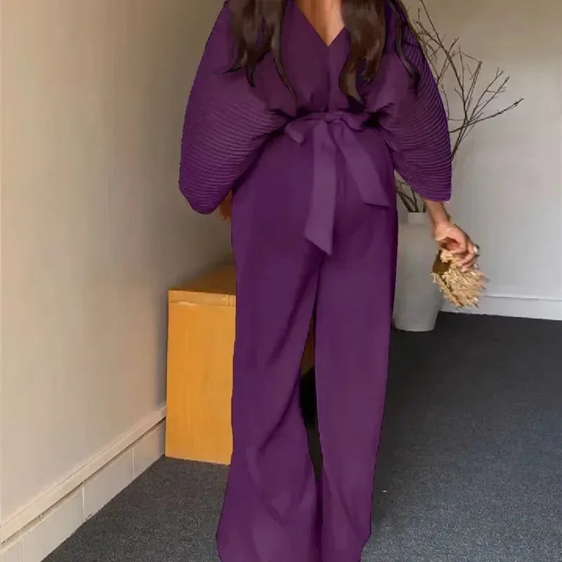Fashion Women's Set Long Sleeve Pleated Blouse Top and Wide Leg Pants 2025 Chic Two 2 Piece Sets Outfits Tracksuit