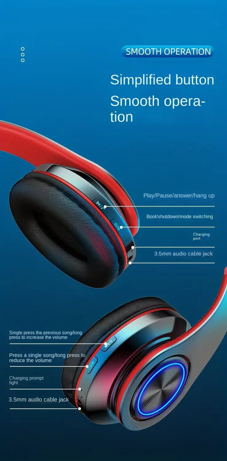 ワイヤレス・オーバーイヤー型RGBステレオゲーミング用のBluetoothヘッドホン。赤と黒の配色で、洗練されたモダンなデザインを採用し、イヤーカップには青色LED照明を搭載。