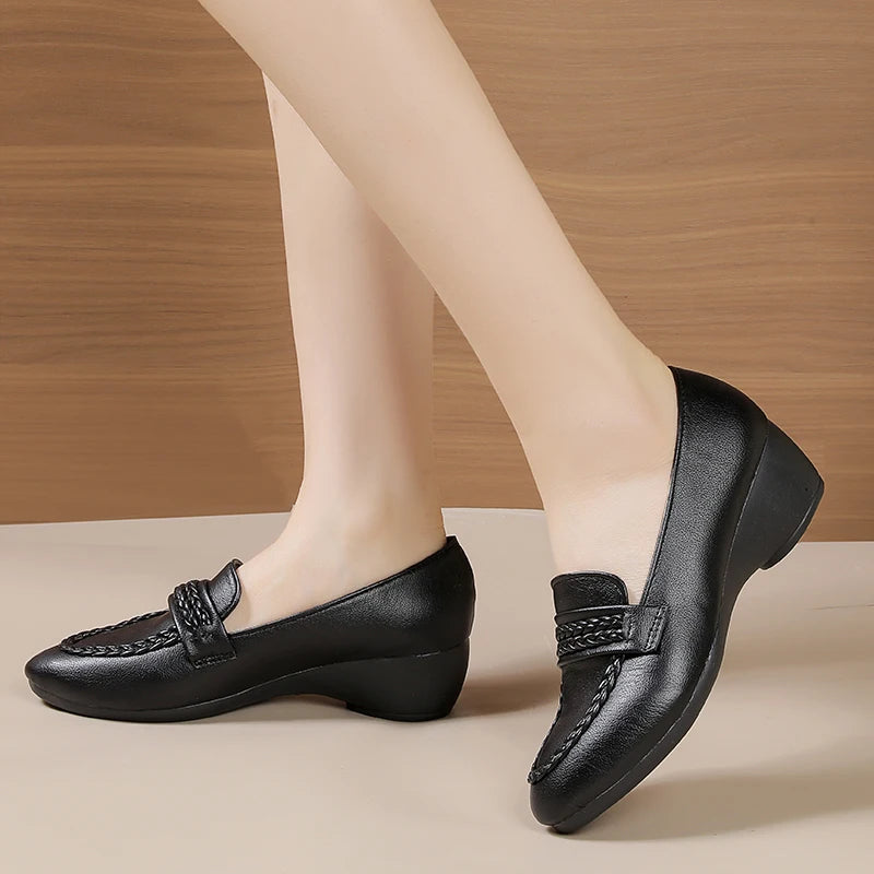 Wedge Loafers for Women Vintage Braided Leather Shoes Elegant Round Toe Pumps Office Lady Work Footwear Casual Slip-on Shoes