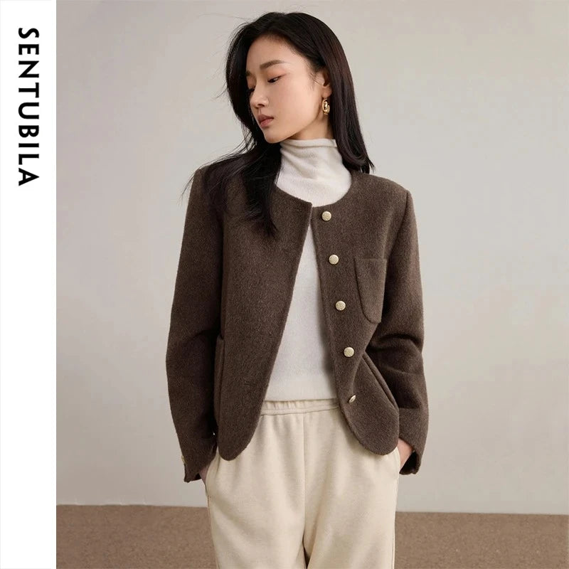 SENTUBILA Women's Sheep Wool Double Faced Overcoat Winter 2026 O-Neck Short Multi Color Optional Elegant Casual Tops W54OG8767