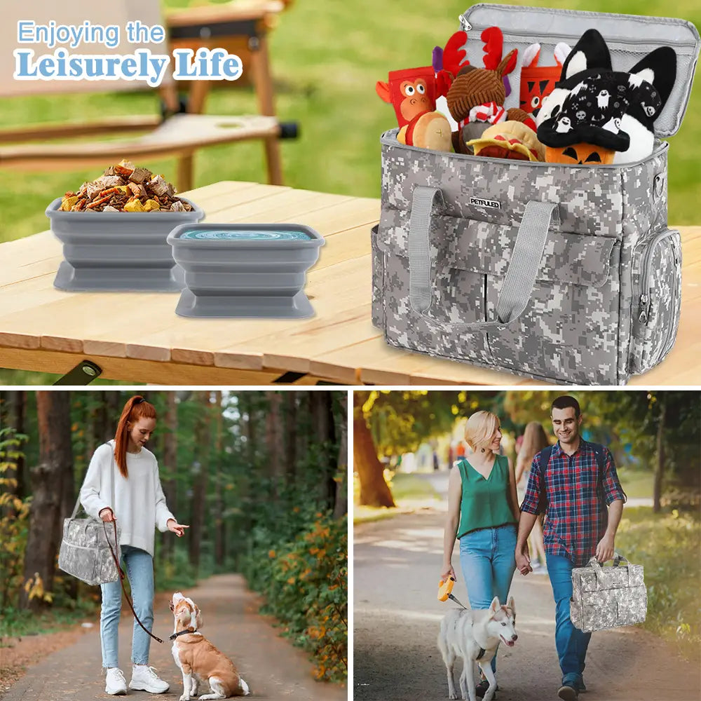 Sac de voyage pour chien camouflage gris doté d’une fermeture éclair, de poignées robustes et de plusieurs compartiments remplis de jouets en peluche.
