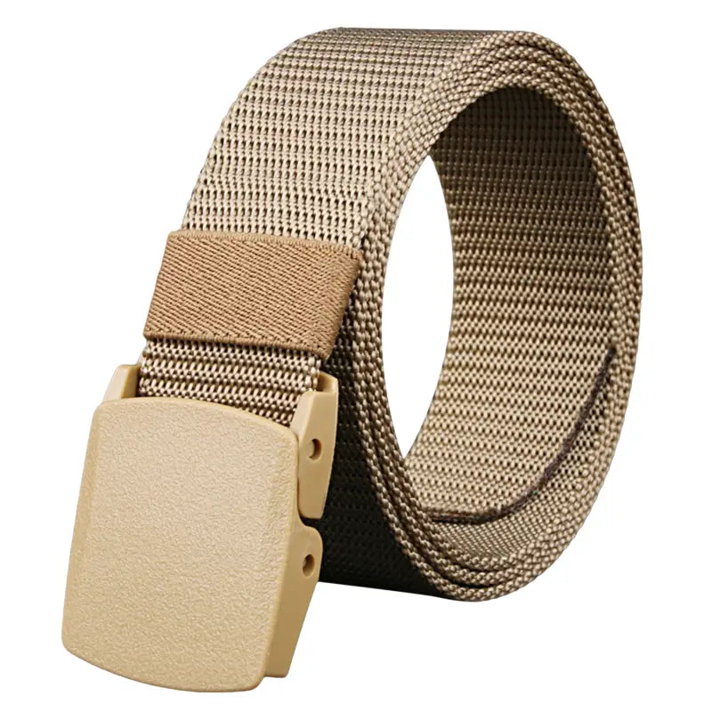Tan tactical webbing belt with a matching plastic automatic buckle made of lightweight canvas for men.