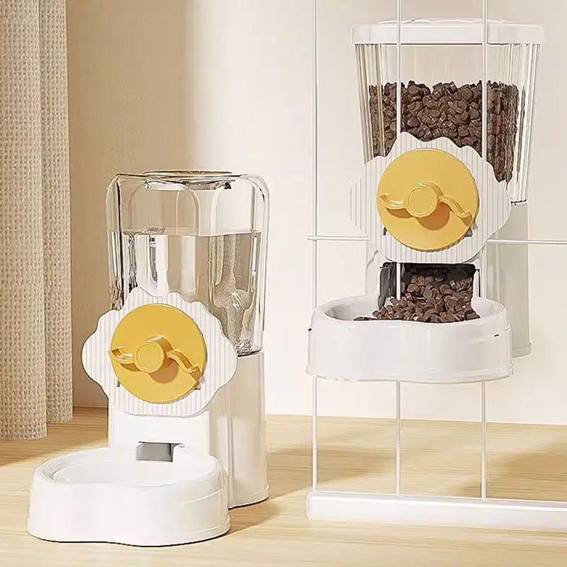 Hoopet wall mounted automatic pet feeder and water dispenser in white and yellow with transparent container and floral design.