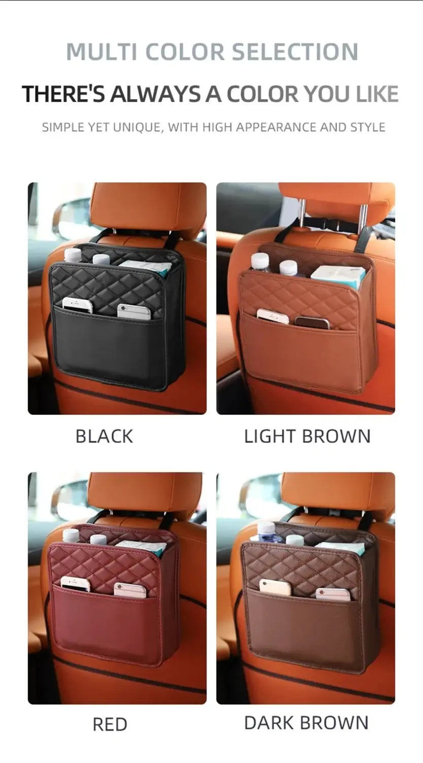 Quilted car seat organizer storage bag showing the back side in black, light brown, red, and dark brown colors with a quilted design for car storage.