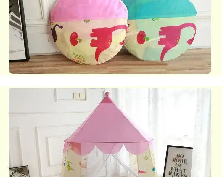 Château pliable portable en tente de jeu pour enfants dinosaures aux thèmes de cupcakes rose et jaune, avec des bords festonnés, conçu pour les enfants.
