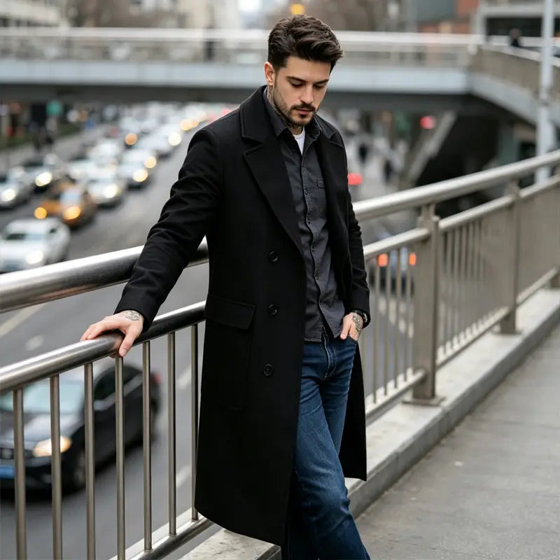Manteau long noir à double boutonnage, coupe ajustée slim, en laine mélangée, pour une option d’habillement d’extérieur élégante et chaleureuse