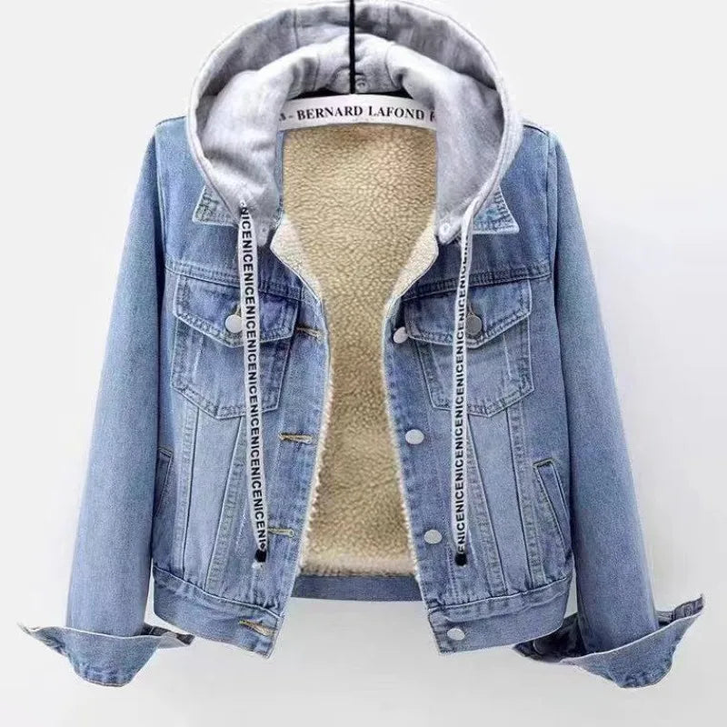 Jacket Coat Padded Jacket Women's Winter Denim Stylish Fleece-lined Thickened Hooded Warm Long Sleeves Cropped New Casual Niche