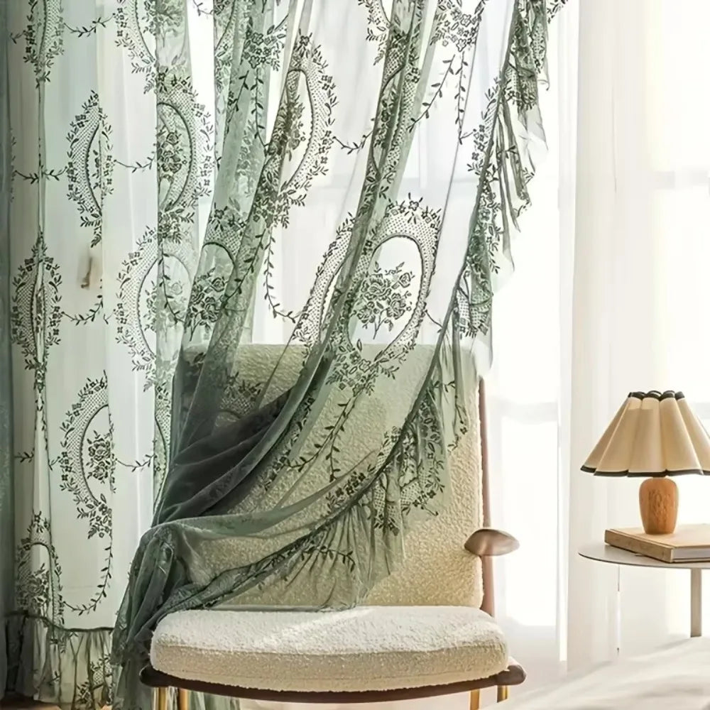 2 Pcs Home Decor Ruffled Edge French Lace Floral Curtain Retro Embroidered Gauze Curtain Rustic Voile Curtain Living Room