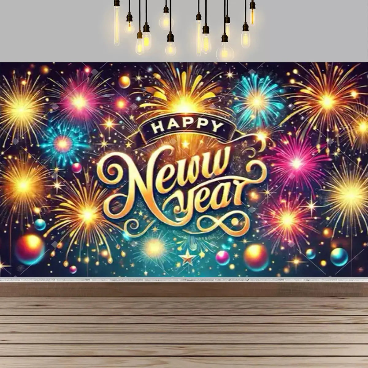 New year party photography backdrop featuring vibrant multicolored fireworks with golden cursive happy new year lettering and sparkling stars.