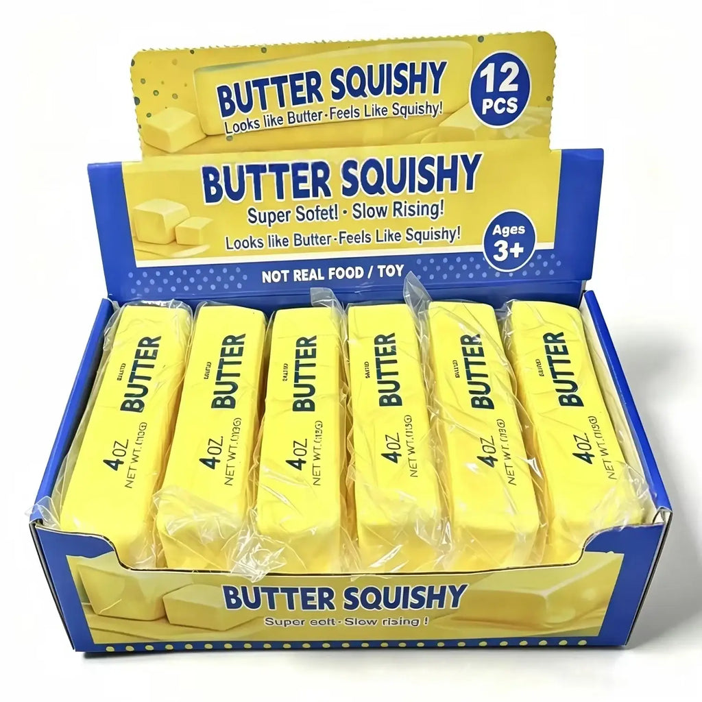 Yellow butter stick squishy toys in blue and yellow box individually wrapped for stress anxiety relief fidget use