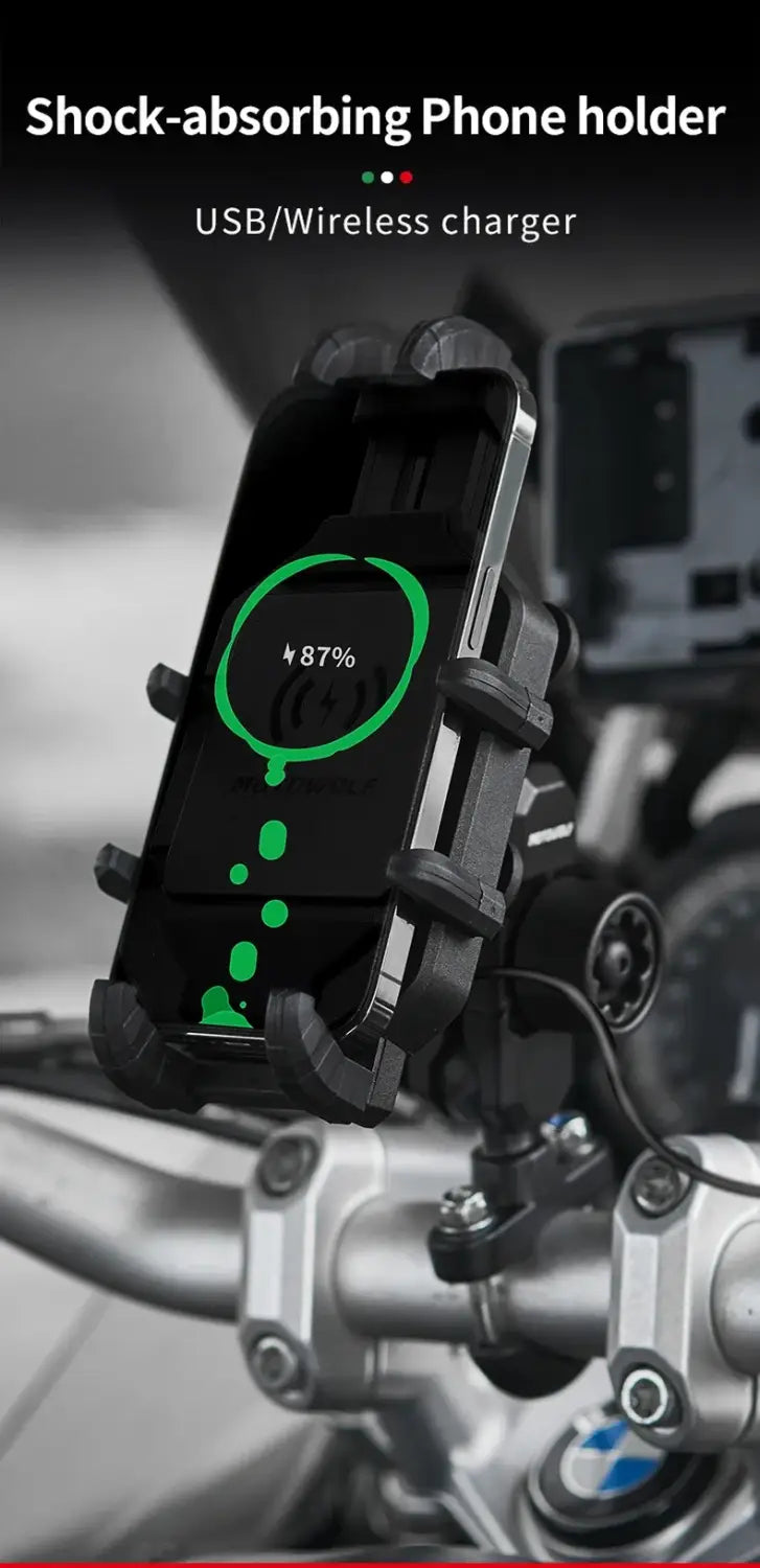 black shock-absorbing motorcycle wireless charging phone mount with usb and wireless charging capability securely designed to attach on a motorcycle handlebar