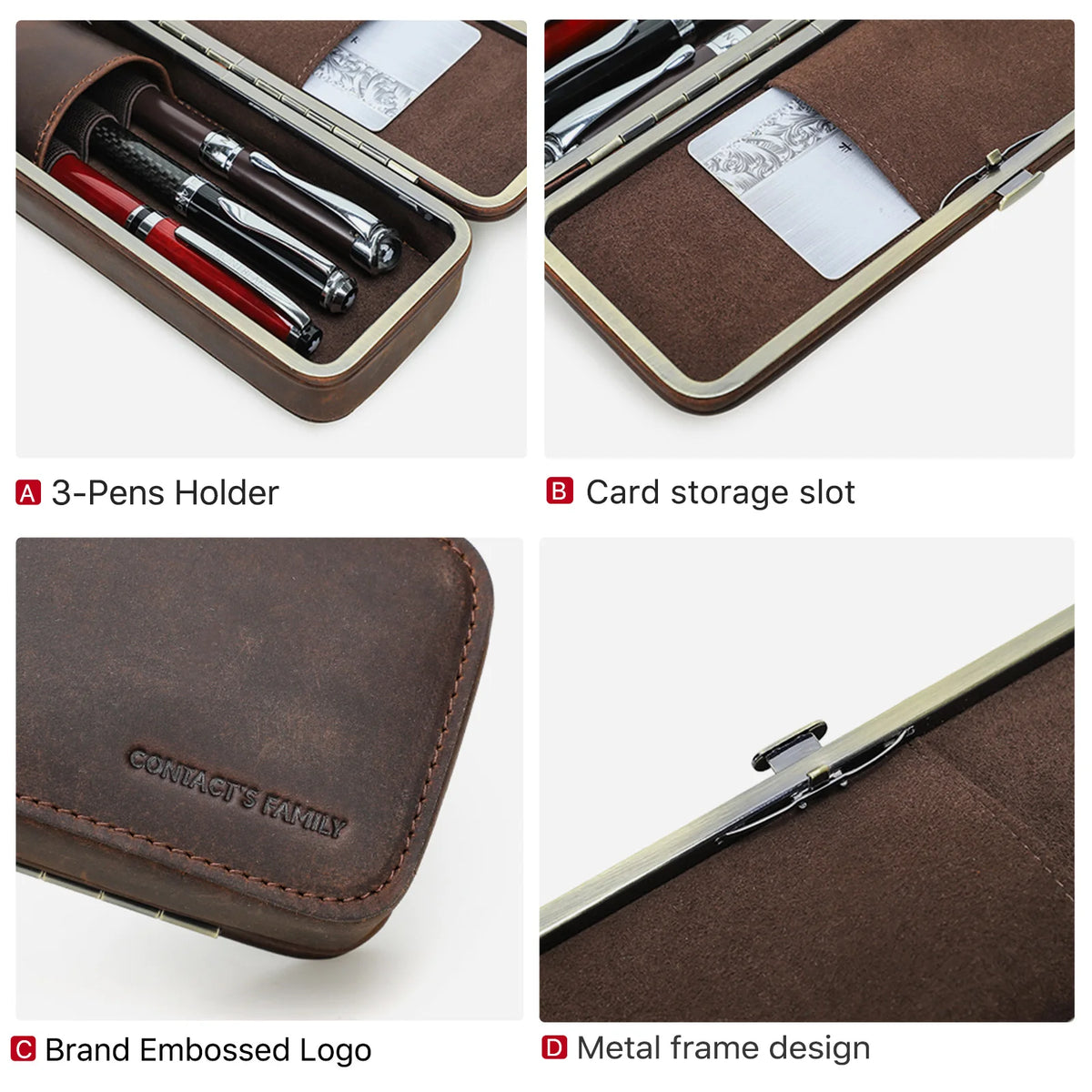 Luxury Handmade Genuine Leather 3 Slots Pen Case Retro Stationery Organizer School Office Gift Box