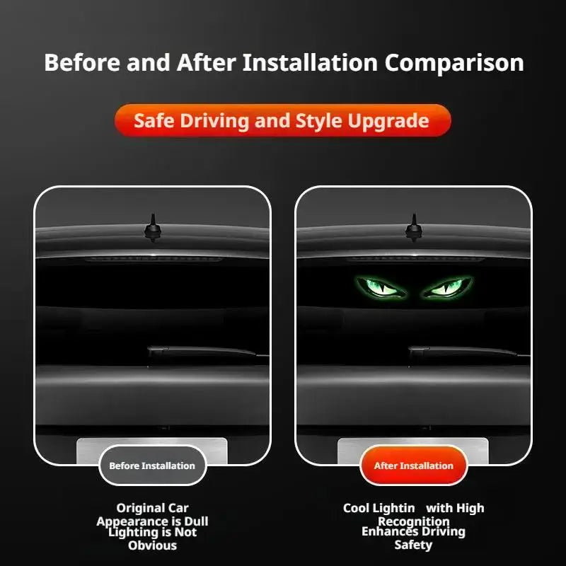 autocollant pour vitre arrière de voiture à DEL verte lumineuse, avec un motif d’œil de démon et des ventouses, servant de lampe d’avertissement solaire.