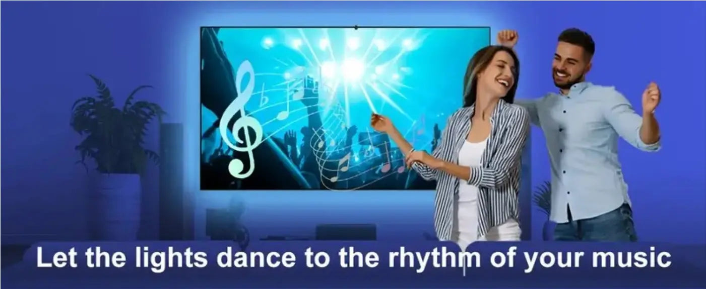 A sleek modern flat-screen tv with vibrant blue music-themed visuals features style smart led rgb ambient lighting as a led tv backlight strip enhancing the viewing experience.