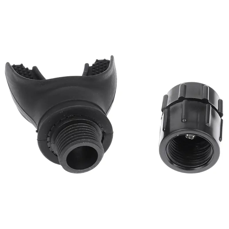 black plastic scuba diving mouthpiece with textured grip and threaded connection for lung capacity training device respiratory fitness tool.