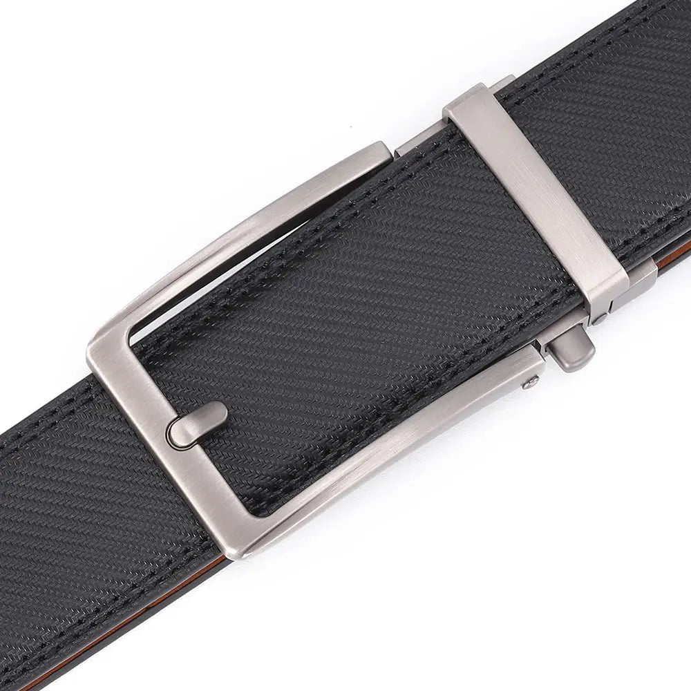 Black textured leather mens belt featuring a sleek silver-toned automatic buckle.