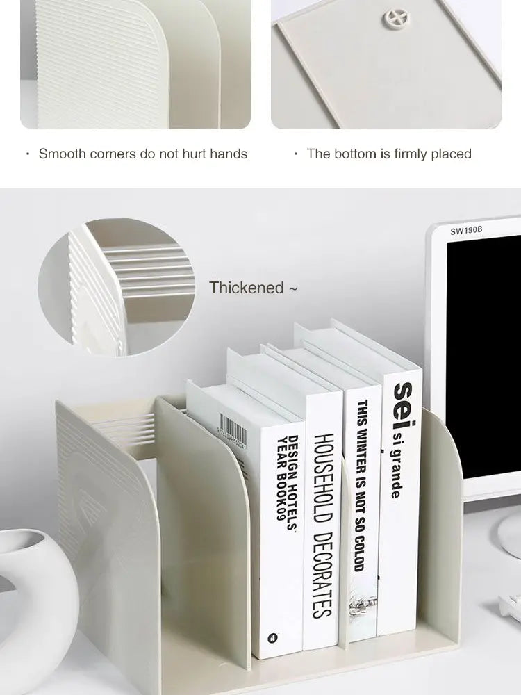 White plastic desk organizer book storage rack with a smooth rounded edge divider and thickened base for stable placement.