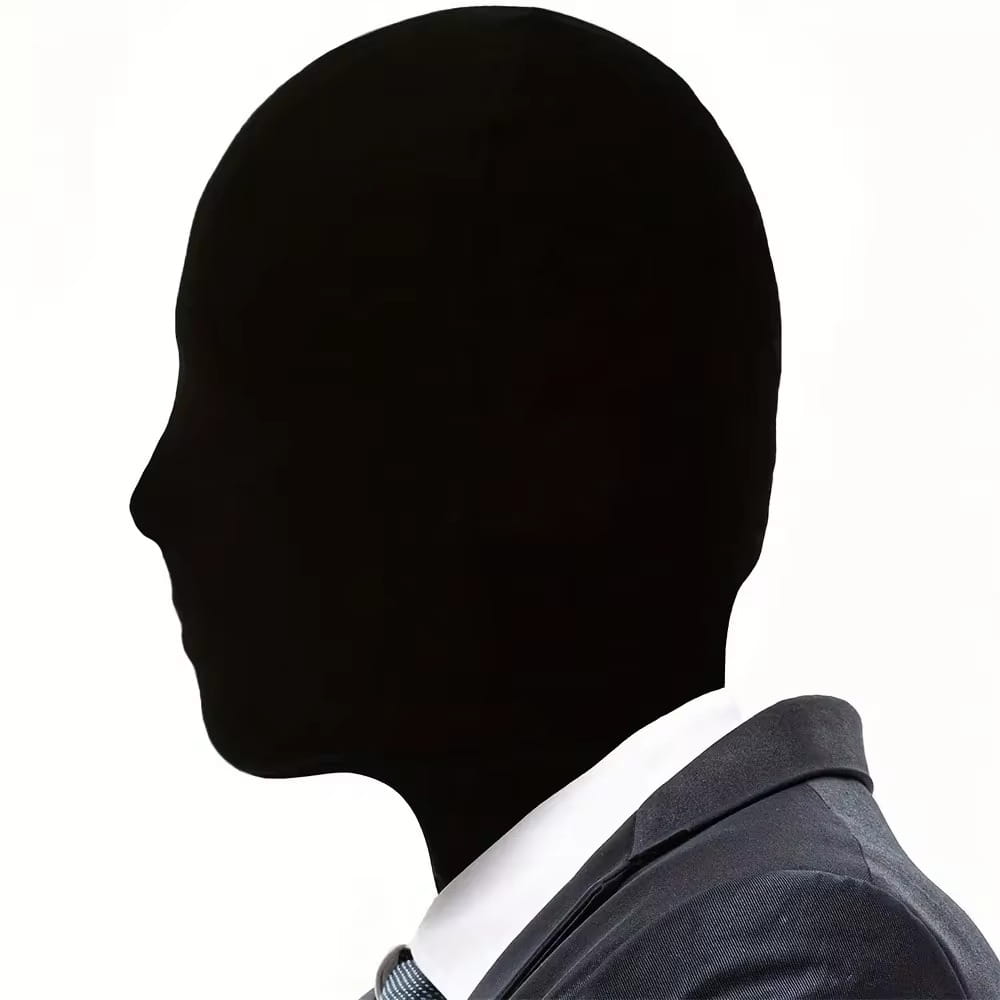 Black silhouette of a man in profile wearing a dark suit and white collared shirt showcasing a black spandex full face mask 2 pack.