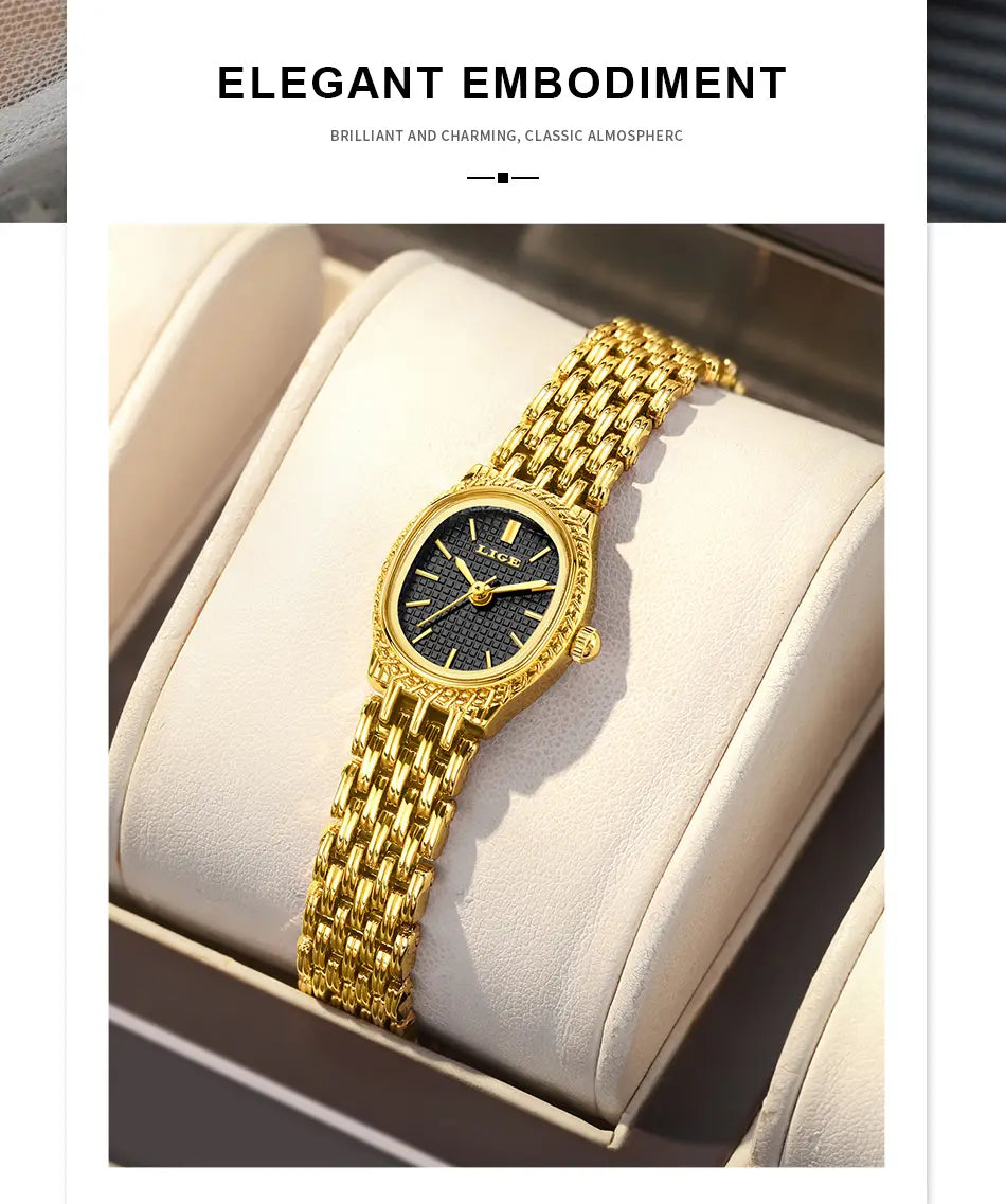Lige women gold quartz watch featuring a gold-toned case, black textured dial, and ornate interlocking chain bracelet.