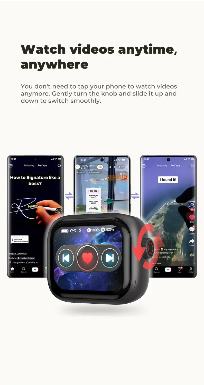 Montre connectée noire rectangulaire arrondie avec écran tactile affichant des commandes de lecture vidéo et des indicateurs de connectivité Bluetooth pour les écouteurs sans fil HTC NE40 avec étui de charge intelligent.